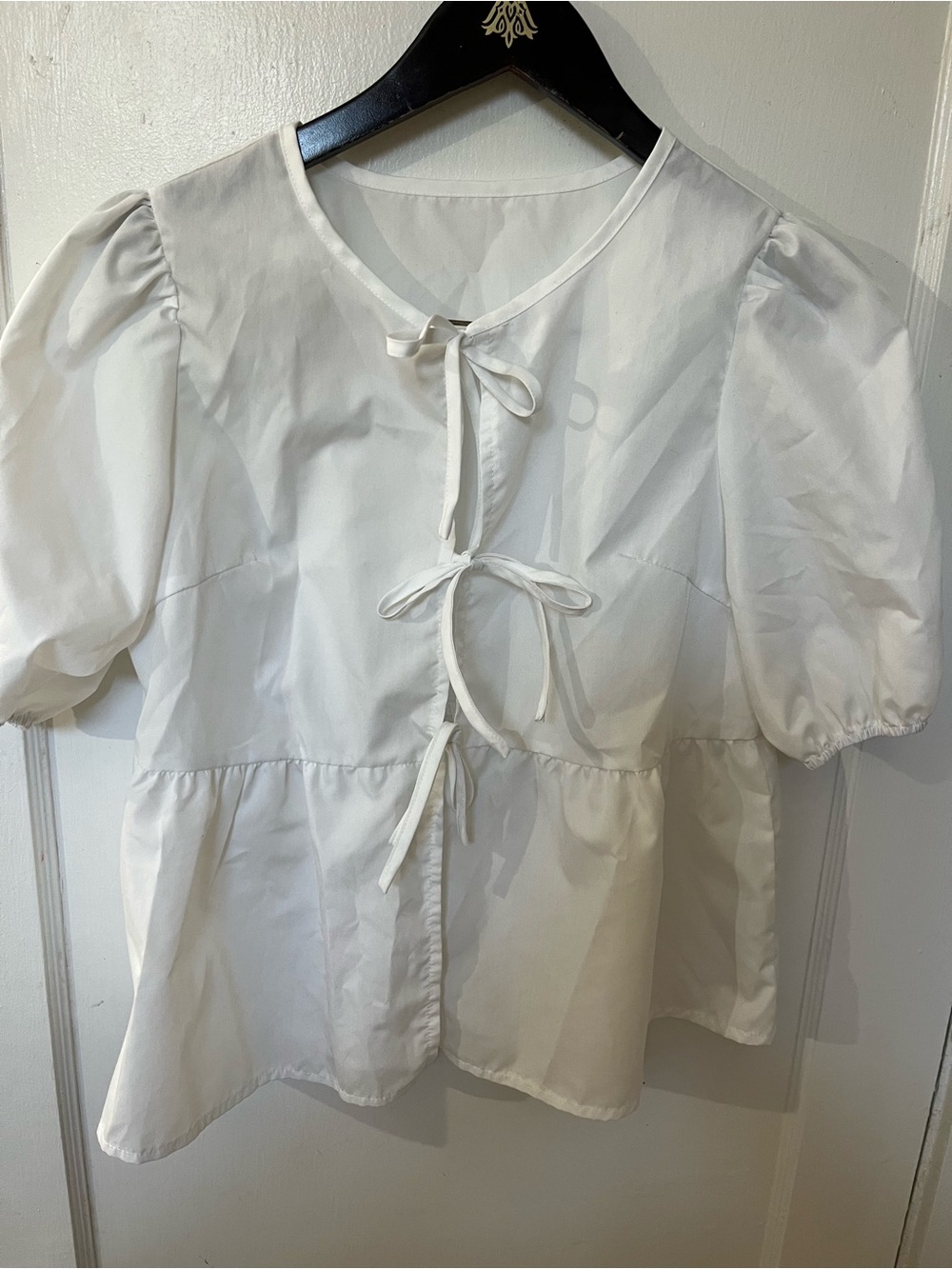 SHEIN White Front Tie Puff Sleeve Peplum Top Size S EUC